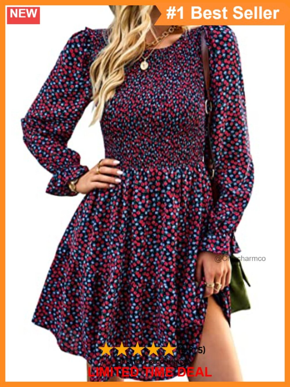 Women Long Sleeve Smocked Floral Mini Dress A-Line Ruffle Wedding Guest